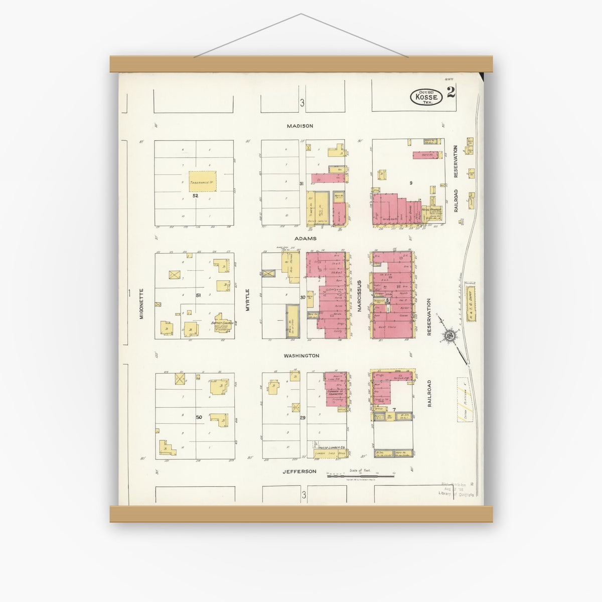 Old map wall art mockup — magnetic wood frame on white wall — Sanborn Fire Insurance Map from Kosse, Limestone County, Texas (1921), Sheet #0002