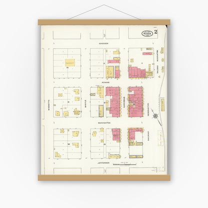 Old map wall art mockup — magnetic wood frame on white wall — Sanborn Fire Insurance Map from Kosse, Limestone County, Texas (1921), Sheet #0002