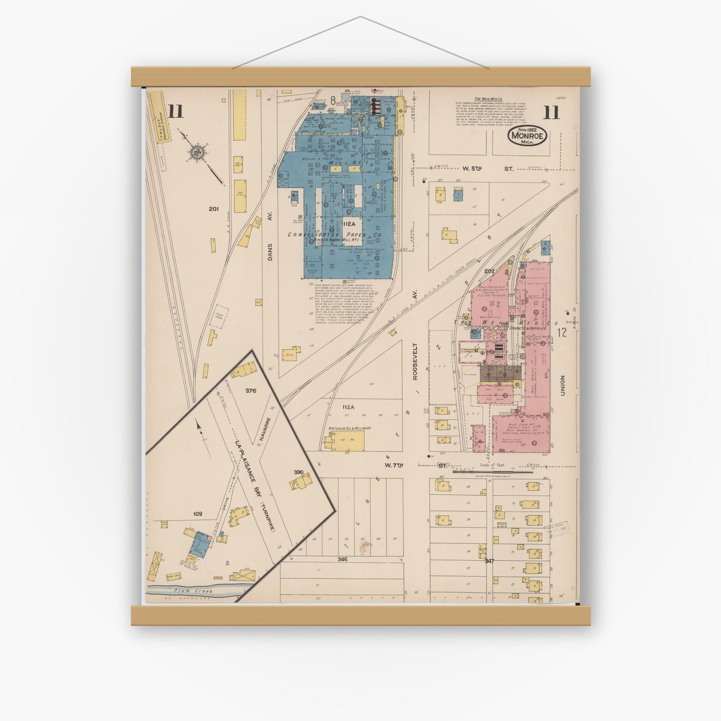 Old map wall art mockup — magnetic wood frame on white wall — Sanborn Fire Insurance Map from Monroe, Monroe County, Michigan (1922), Sheet #0011