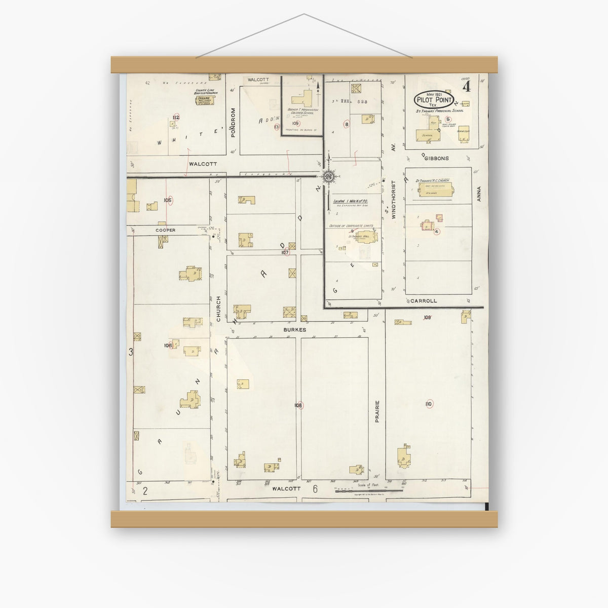 Old map wall art mockup — magnetic wood frame on white wall — Sanborn Fire Insurance Map from Pilot Point, Denton County, Texas (1940), Sheet #0004