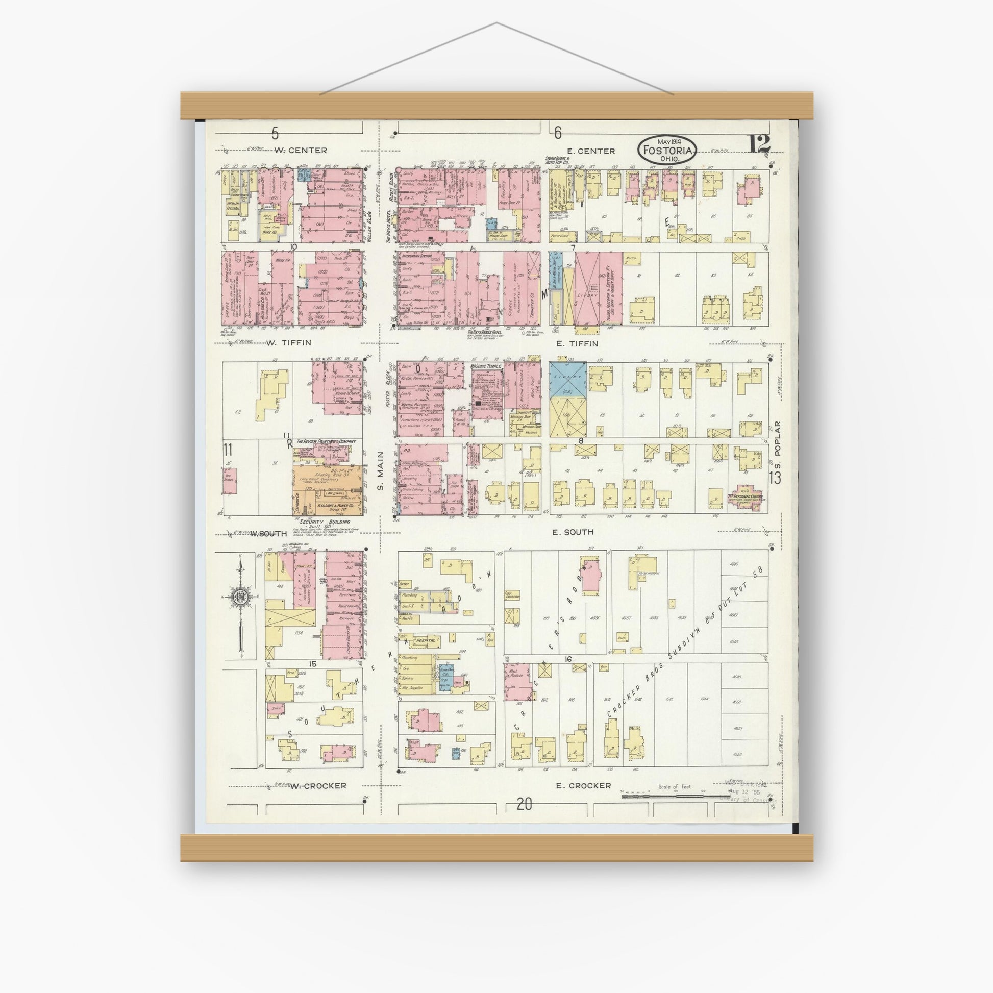 Old map wall art mockup — magnetic wood frame on white wall — Sanborn Fire Insurance Map from Fostoria, Seneca, Hancock, And Wood Counties, Ohio (1914), Sheet #0012