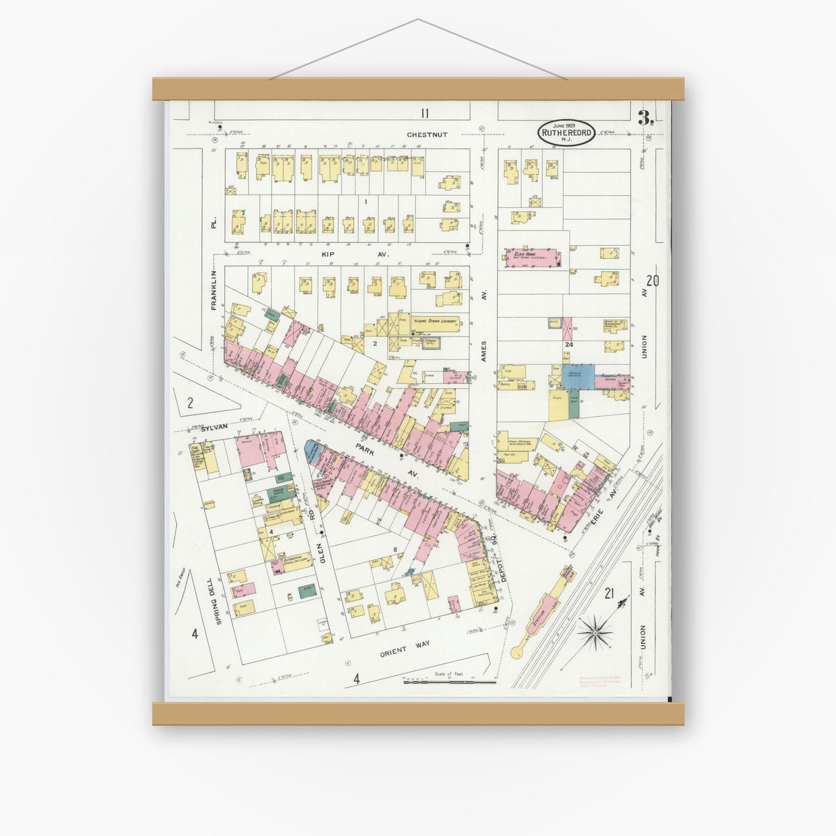 Old map wall art mockup — magnetic wood frame on white wall — Sanborn Fire Insurance Map from Rutherford, Bergen County, New Jersey (1909), Sheet #0003