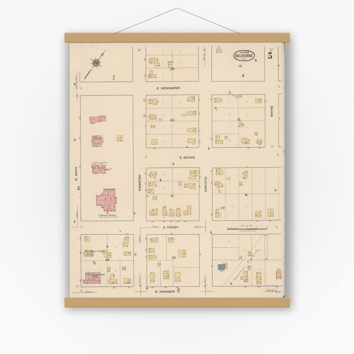 Old map wall art mockup — magnetic wood frame on white wall — Sanborn Fire Insurance Map from Belvidere, Boone County, Illinois (1922), Sheet #0005