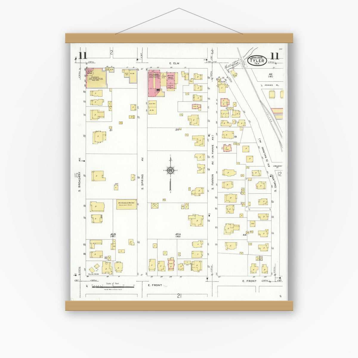 Old map wall art mockup — magnetic wood frame on white wall — Sanborn Fire Insurance Map from Tyler, Smith County, Texas (1928), Sheet #0011