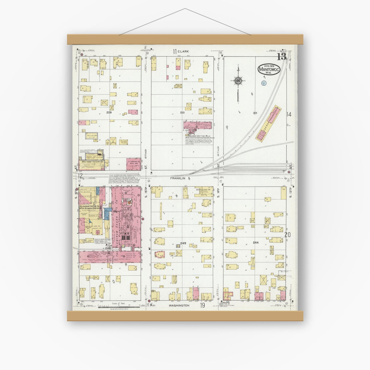 Old map wall art mockup — magnetic wood frame on white wall — Sanborn Fire Insurance Map from Manitowoc, Manitowoc County, Wisconsin (1919), Sheet #0013