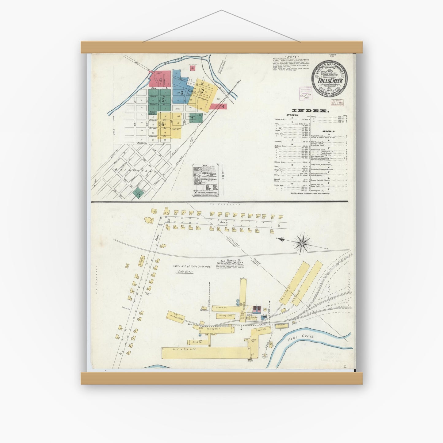 Old map wall art mockup — magnetic wood frame on white wall — Sanborn Fire Insurance Map from Falls Creek, Jefferson And Clearfield Counties, Pennsylvania (1906) - Complete Map Set