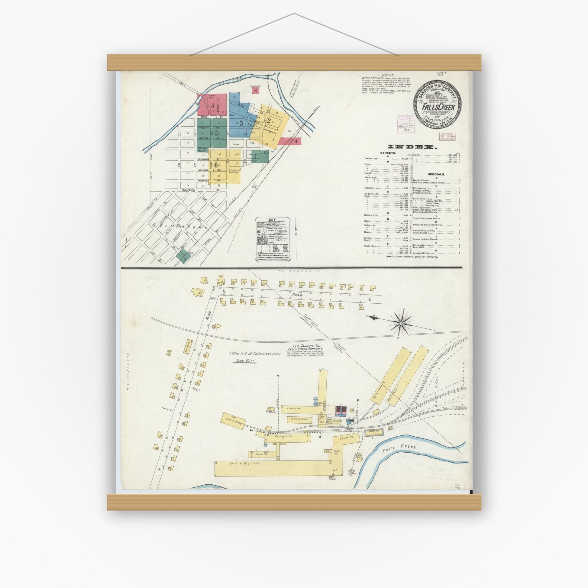 Old map wall art mockup — magnetic wood frame on white wall — Sanborn Fire Insurance Map from Falls Creek, Jefferson And Clearfield Counties, Pennsylvania (1906) - Complete Map Set