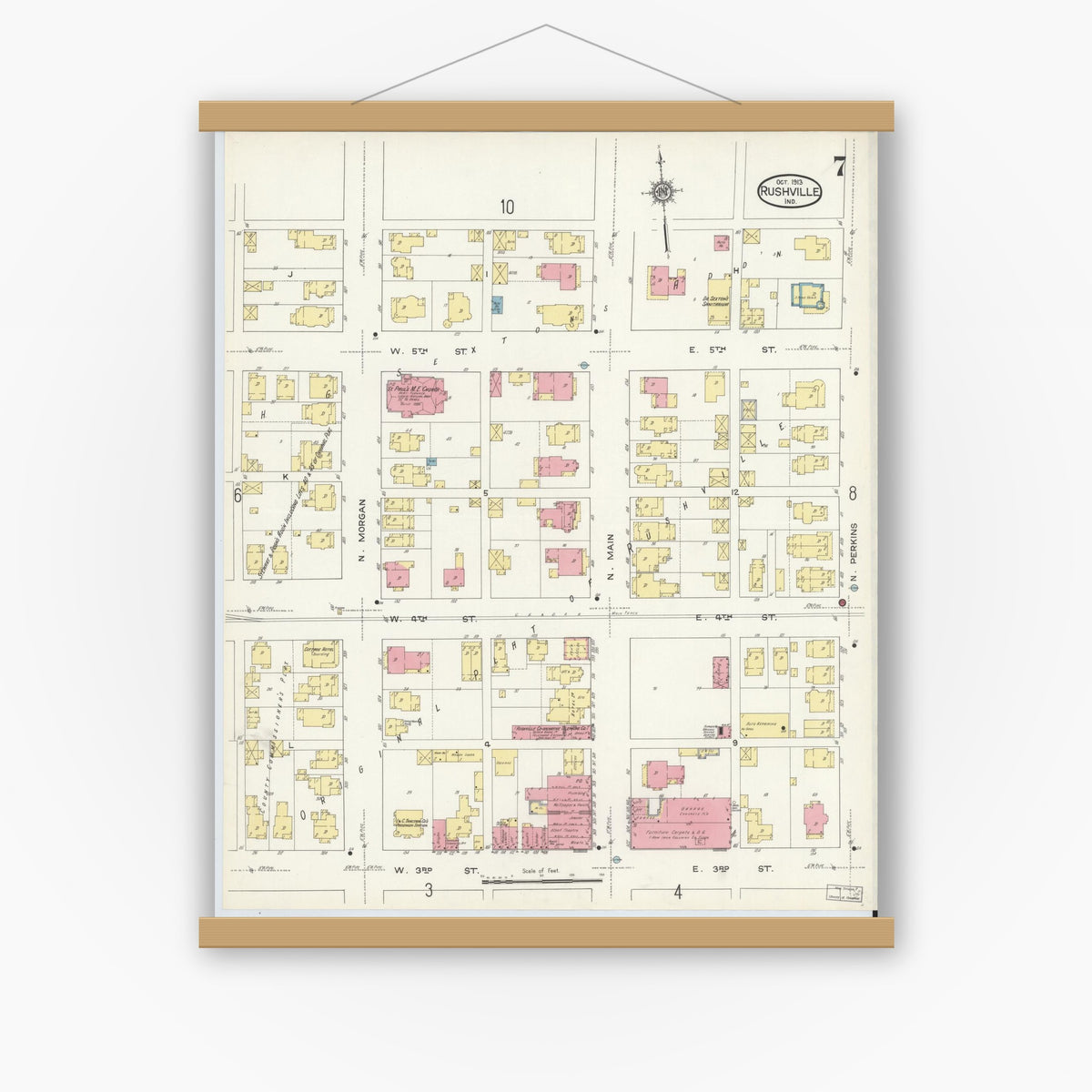 Old map wall art mockup — magnetic wood frame on white wall — Sanborn Fire Insurance Map from Rushville, Rush County, Indiana (1913), Sheet #0007
