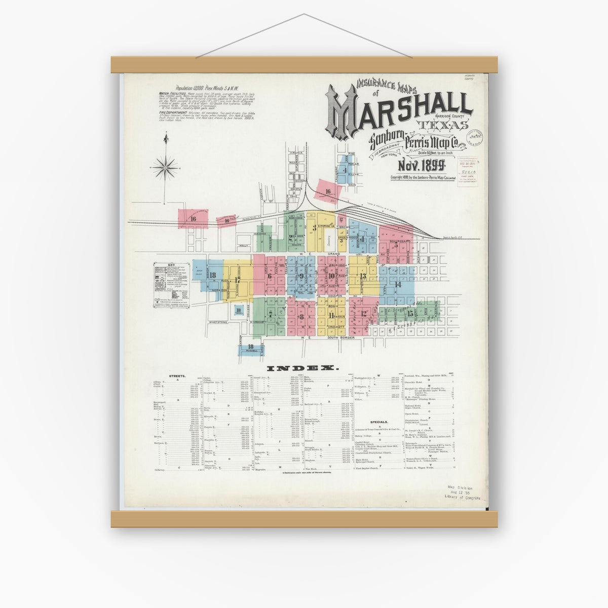 Old map wall art mockup — magnetic wood frame on white wall — Sanborn Fire Insurance Map from Marshall, Harrison County, Texas (1899) - Complete Map Set