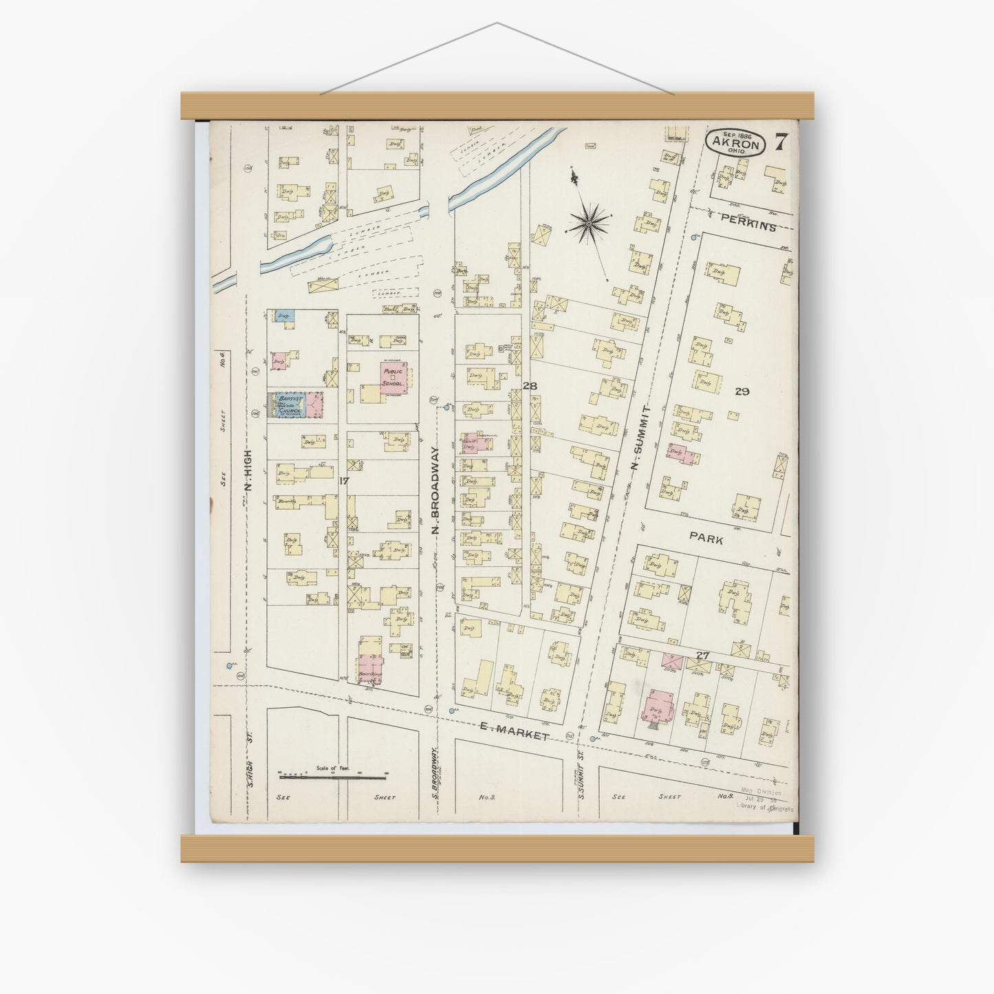 Old map wall art mockup — magnetic wood frame on white wall — Sanborn Fire Insurance Map from Akron, Summit County, Ohio (1886), Sheet #0007