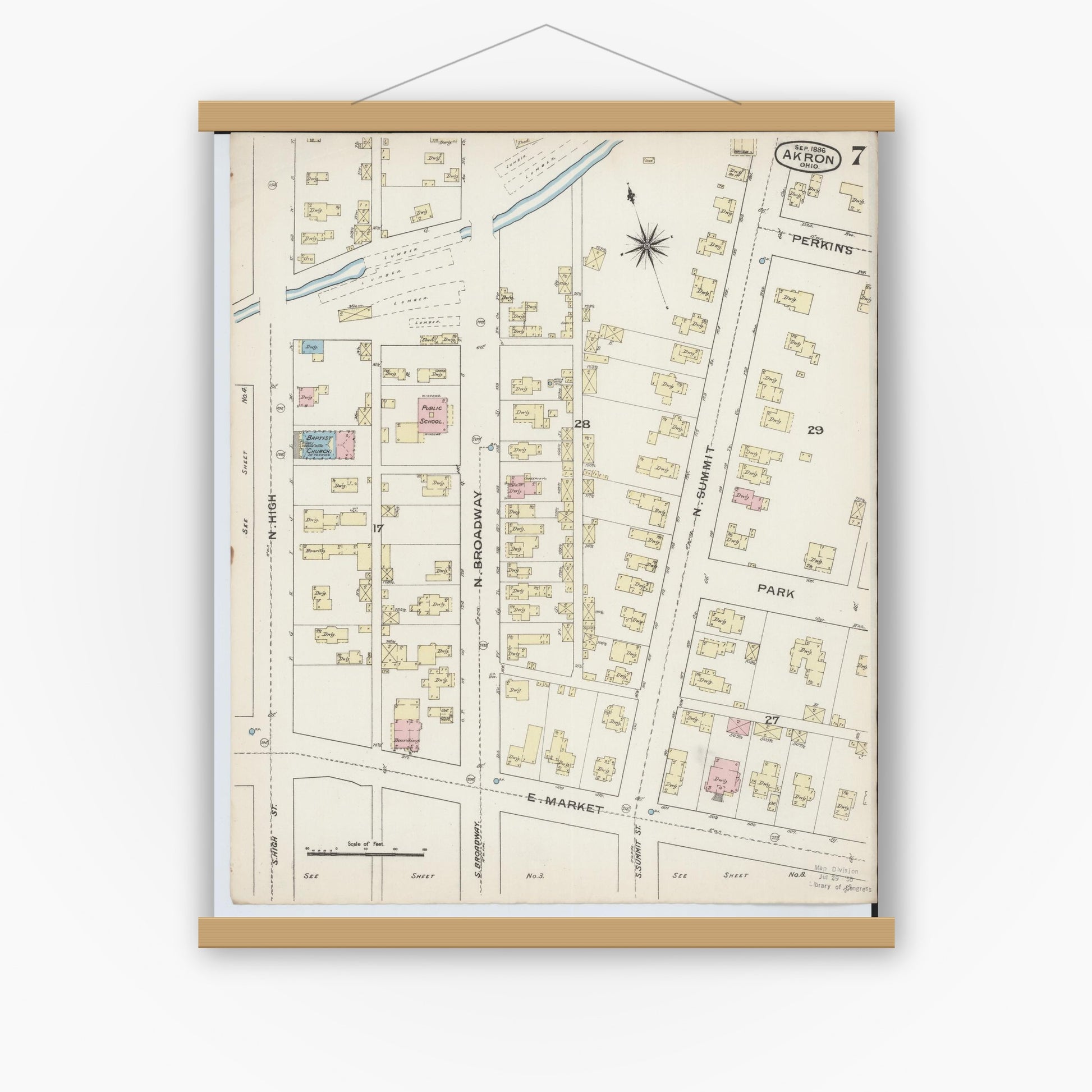 Old map wall art mockup — magnetic wood frame on white wall — Sanborn Fire Insurance Map from Akron, Summit County, Ohio (1886), Sheet #0007