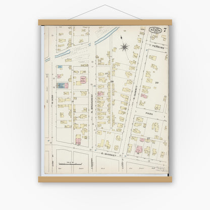 Old map wall art mockup — magnetic wood frame on white wall — Sanborn Fire Insurance Map from Akron, Summit County, Ohio (1886), Sheet #0007