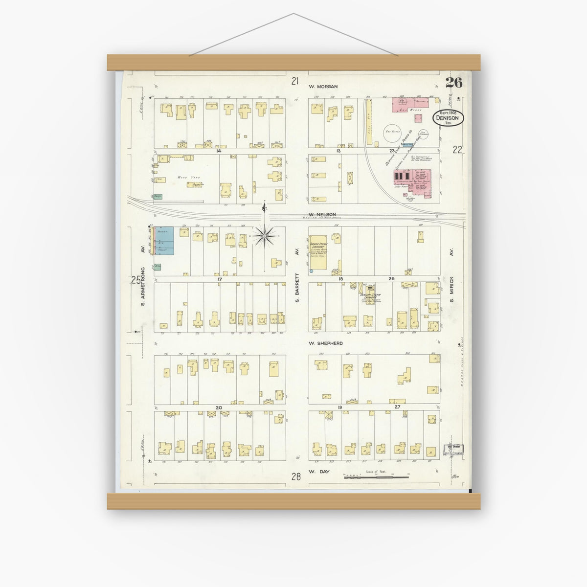 Old map wall art mockup — magnetic wood frame on white wall — Sanborn Fire Insurance Map from Denison, Grayson County, Texas (1908), Sheet #0026