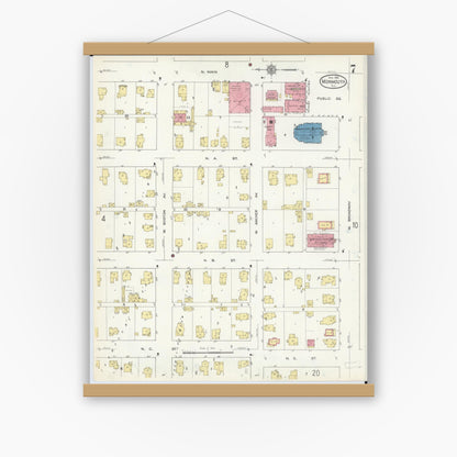 Old map wall art mockup — magnetic wood frame on white wall — Sanborn Fire Insurance Map from Monmouth, Warren County, Illinois (1913), Sheet #0007