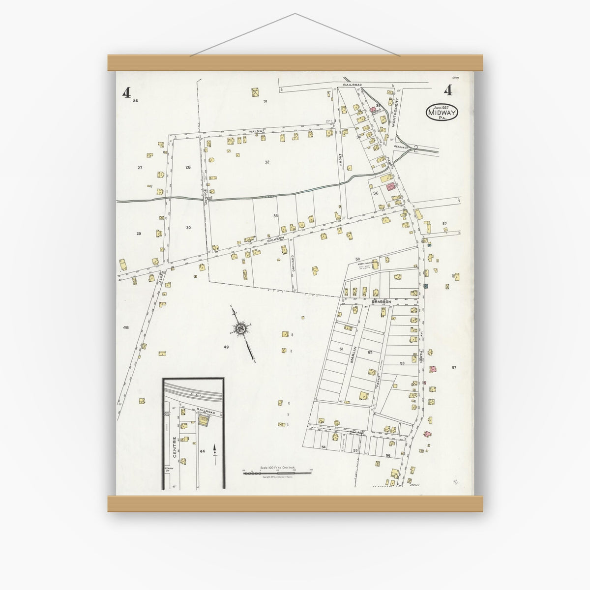 Old map wall art mockup — magnetic wood frame on white wall — Sanborn Fire Insurance Map from Midway, Washington County, Pennsylvania (1927), Sheet #0004