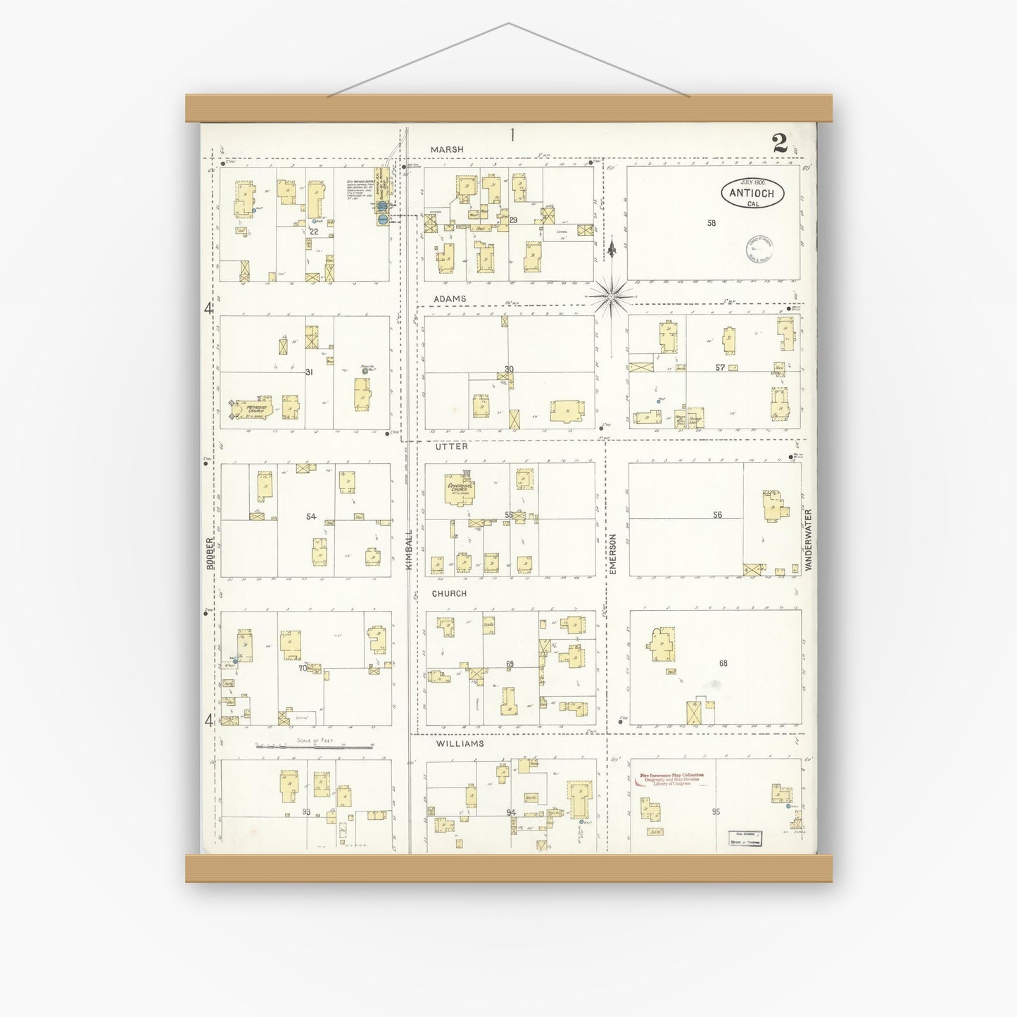 Old map wall art mockup — magnetic wood frame on white wall — Sanborn Fire Insurance Map from Antioch, Contra Costa County, California (1900), Sheet #0002
