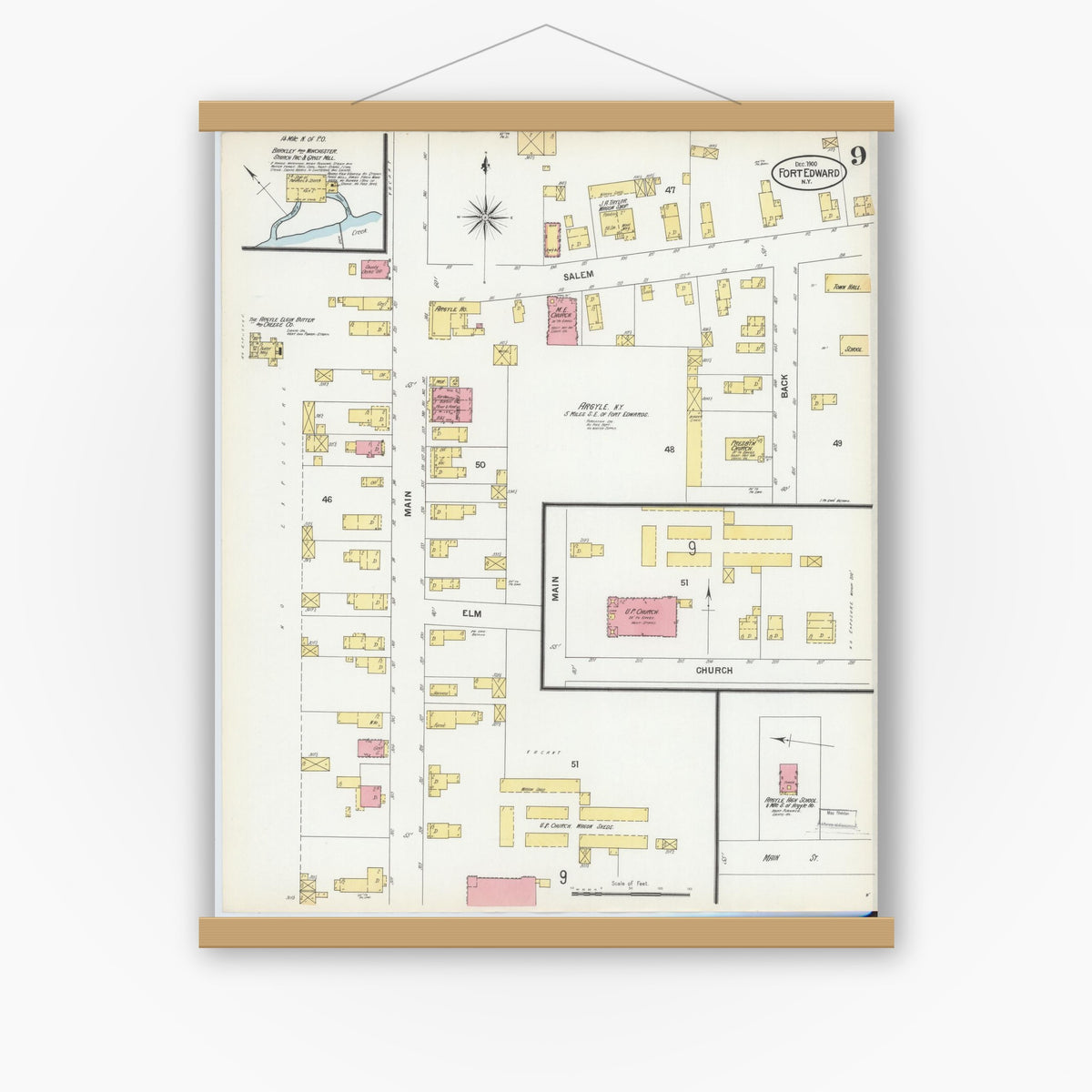 Old map wall art mockup — magnetic wood frame on white wall — Sanborn Fire Insurance Map from Fort Edward, Washington County, New York (1900), Sheet #0009