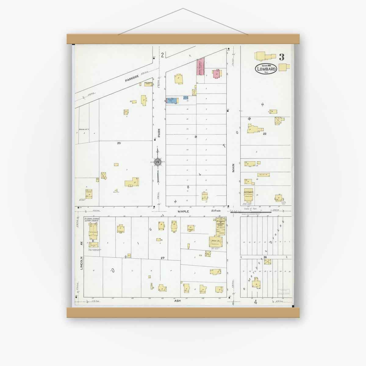 Old map wall art mockup — magnetic wood frame on white wall — Sanborn Fire Insurance Map from Lombard, Du Page County, Illinois (1919), Sheet #0003