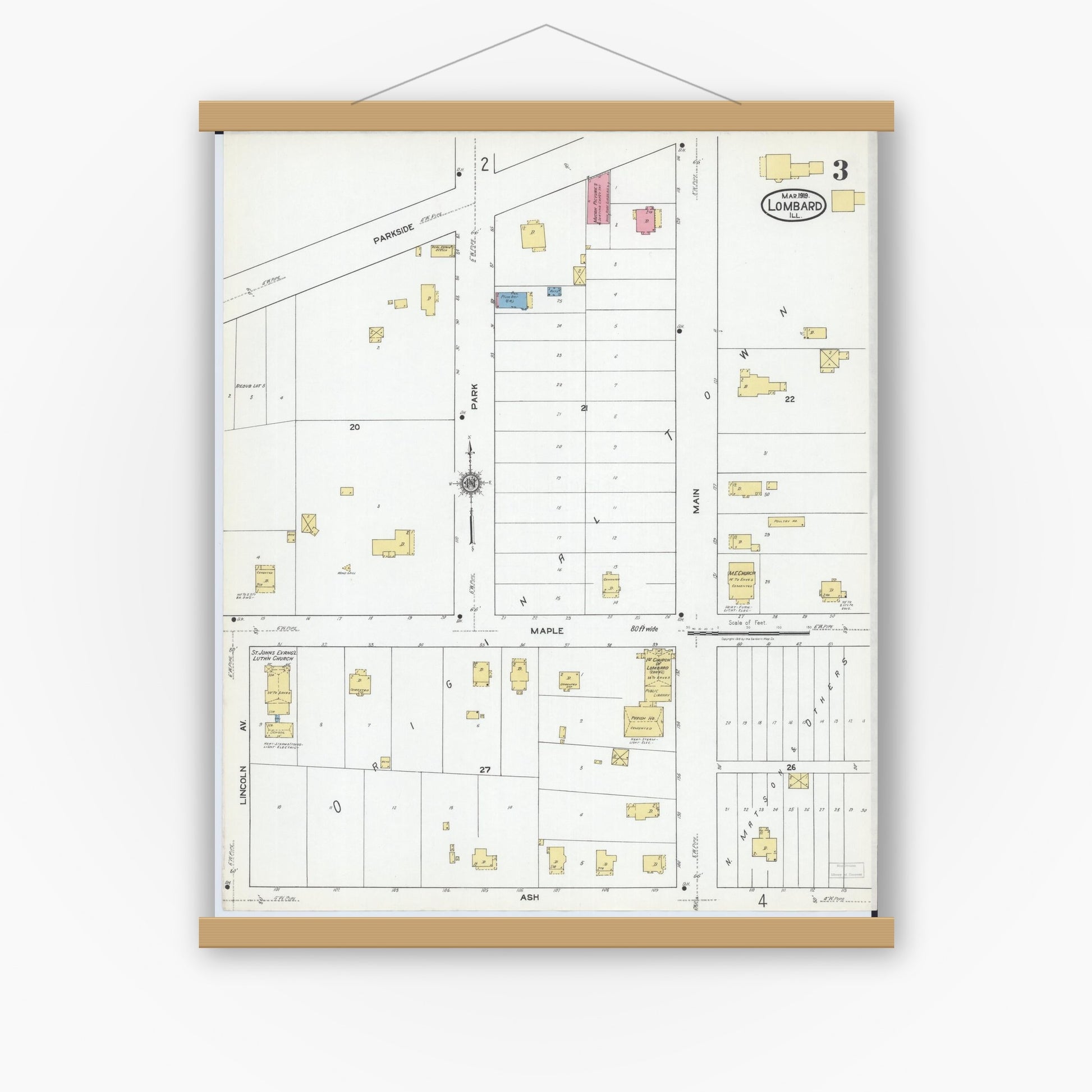Old map wall art mockup — magnetic wood frame on white wall — Sanborn Fire Insurance Map from Lombard, Du Page County, Illinois (1919), Sheet #0003