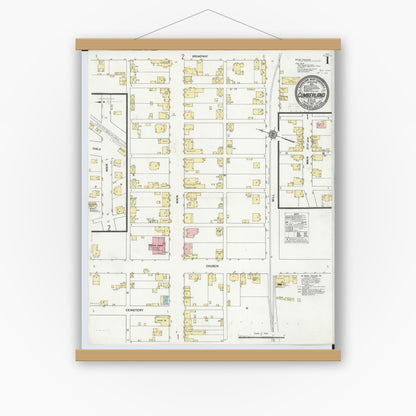 Old map wall art mockup — magnetic wood frame on white wall — Sanborn Fire Insurance Map from Cumberland, Guernsey County, Ohio (1911), Sheet #0001