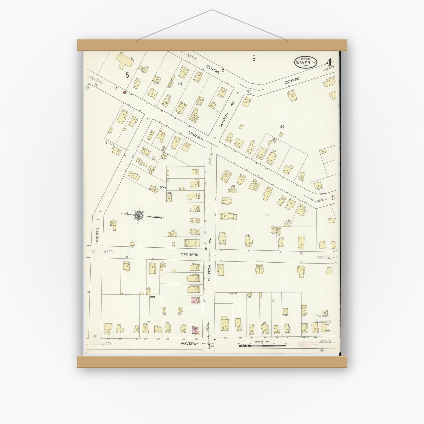 Old map wall art mockup — magnetic wood frame on white wall — Sanborn Fire Insurance Map from Waverly, Tioga County, New York (1914), Sheet #0004