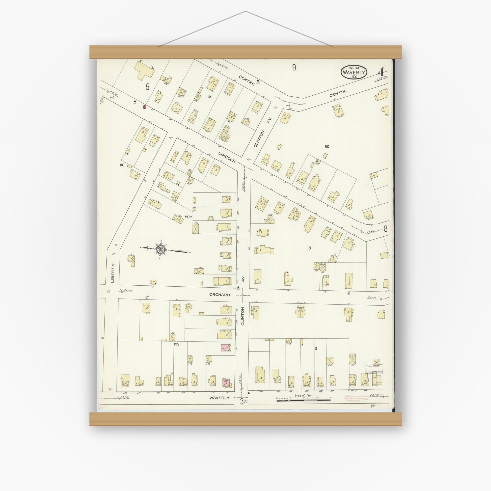 Old map wall art mockup — magnetic wood frame on white wall — Sanborn Fire Insurance Map from Waverly, Tioga County, New York (1914), Sheet #0004