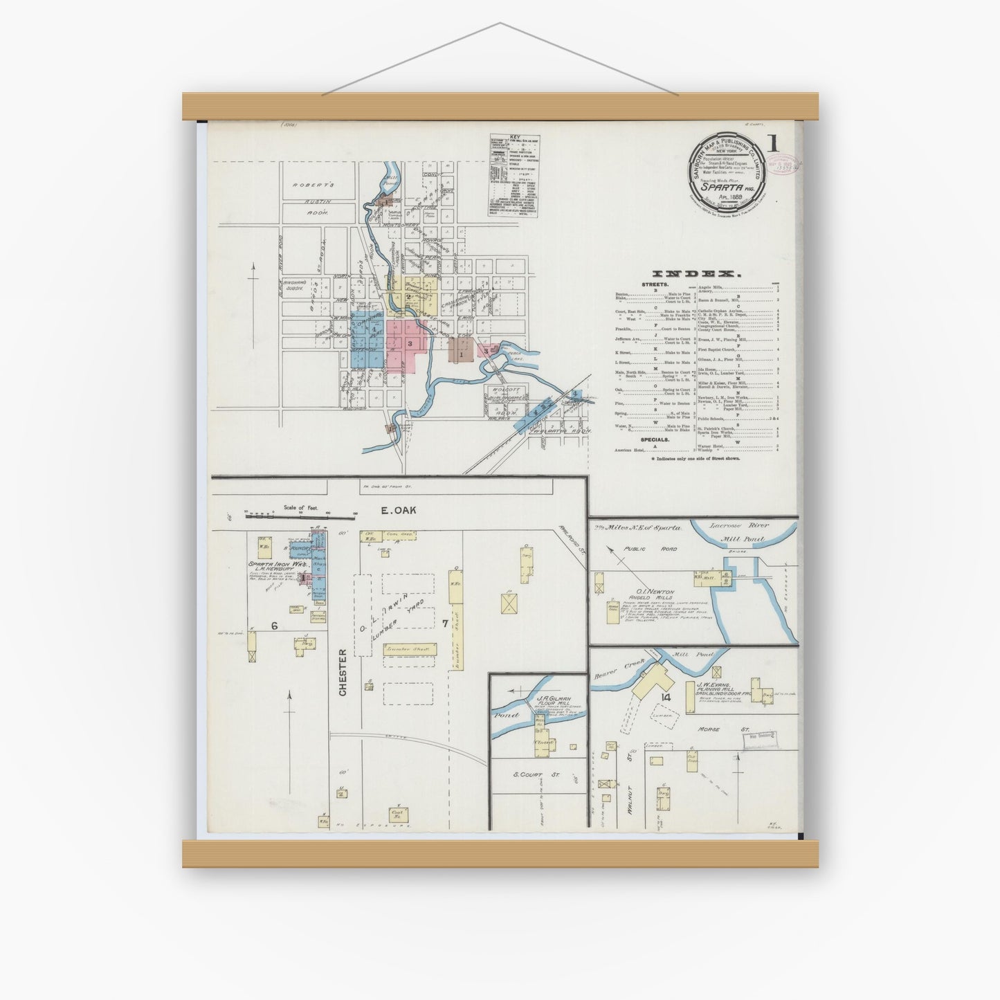 Old map wall art mockup — magnetic wood frame on white wall — Sanborn Fire Insurance Map from Sparta, Monroe County, Wisconsin (1889) - Complete Map Set