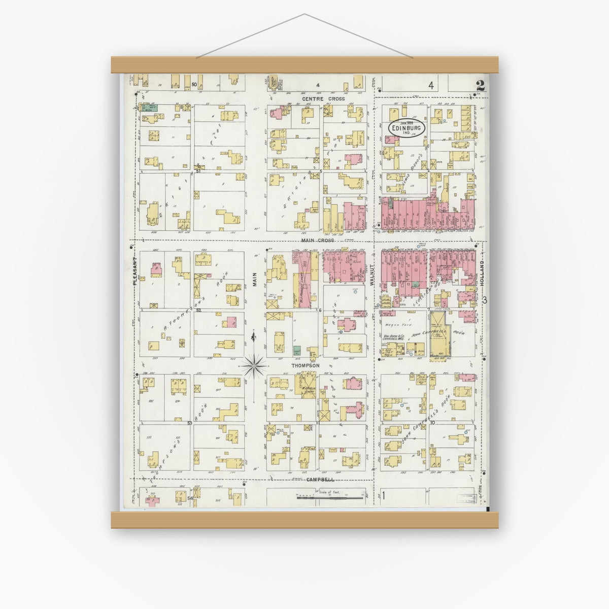 Old map wall art mockup — magnetic wood frame on white wall — Sanborn Fire Insurance Map from Edinburg, Johnson And Bartholomew Counties, Indiana (1899), Sheet #0002
