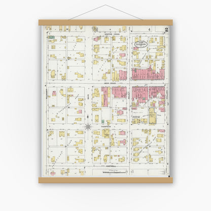 Old map wall art mockup — magnetic wood frame on white wall — Sanborn Fire Insurance Map from Edinburg, Johnson And Bartholomew Counties, Indiana (1899), Sheet #0002