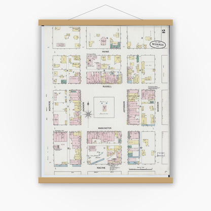 Old map wall art mockup — magnetic wood frame on white wall — Sanborn Fire Insurance Map from Monroe, Green County, Wisconsin (1889), Sheet #0002