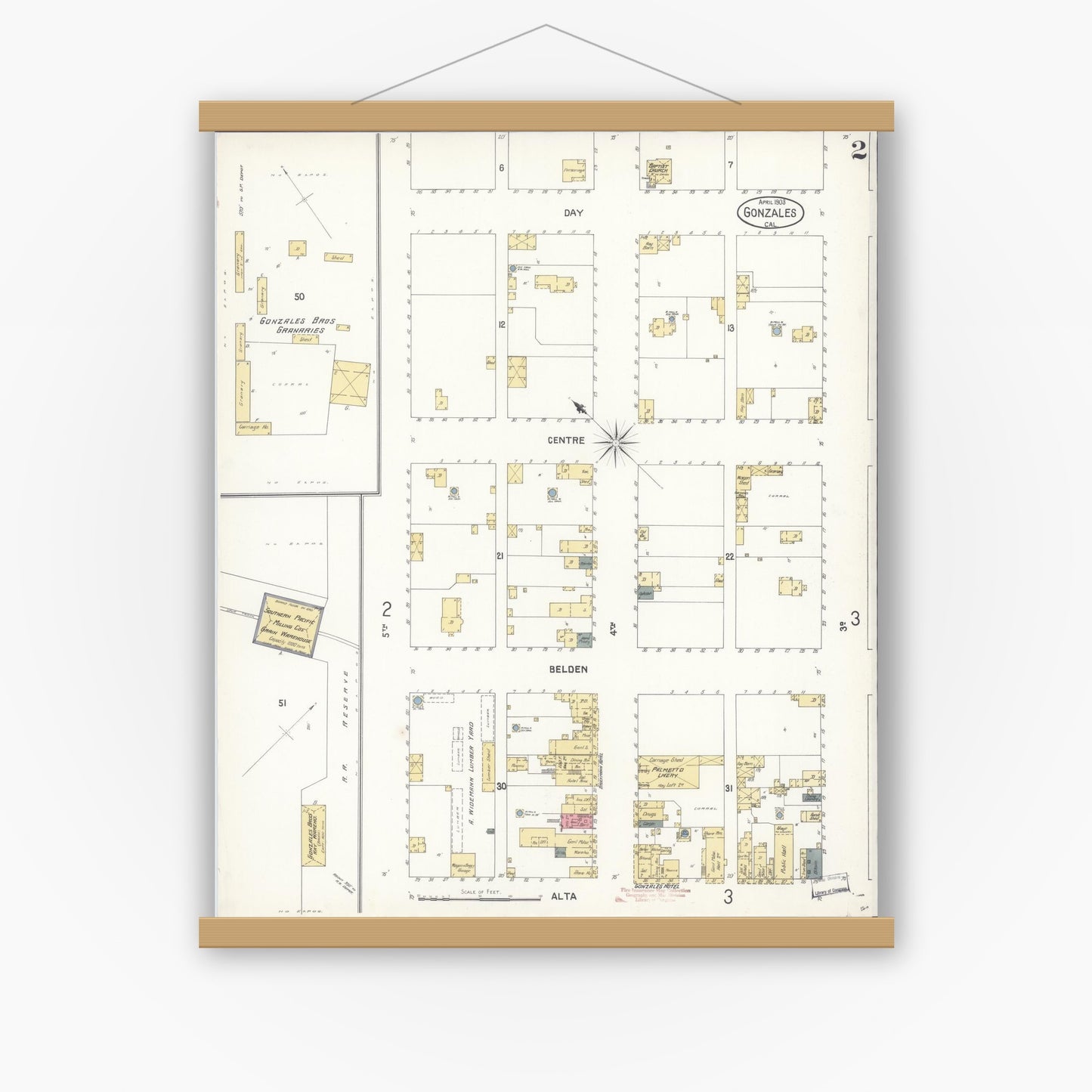 Old map wall art mockup — magnetic wood frame on white wall — Sanborn Fire Insurance Map from Gonzales, Monterey County, California (1903), Sheet #0002