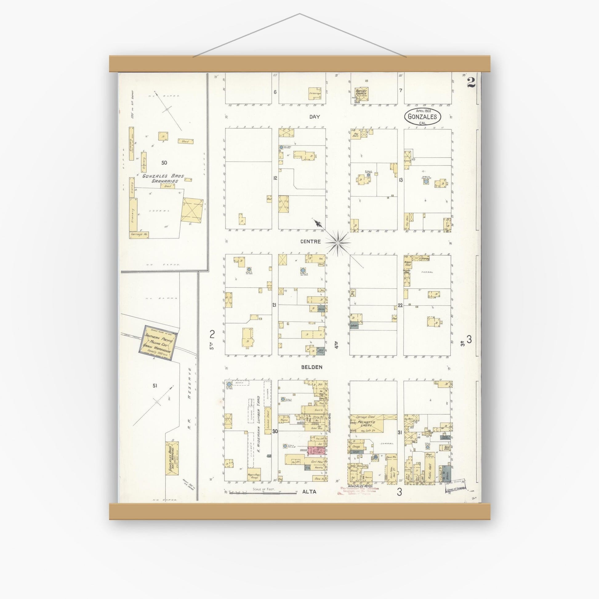 Old map wall art mockup — magnetic wood frame on white wall — Sanborn Fire Insurance Map from Gonzales, Monterey County, California (1903), Sheet #0002