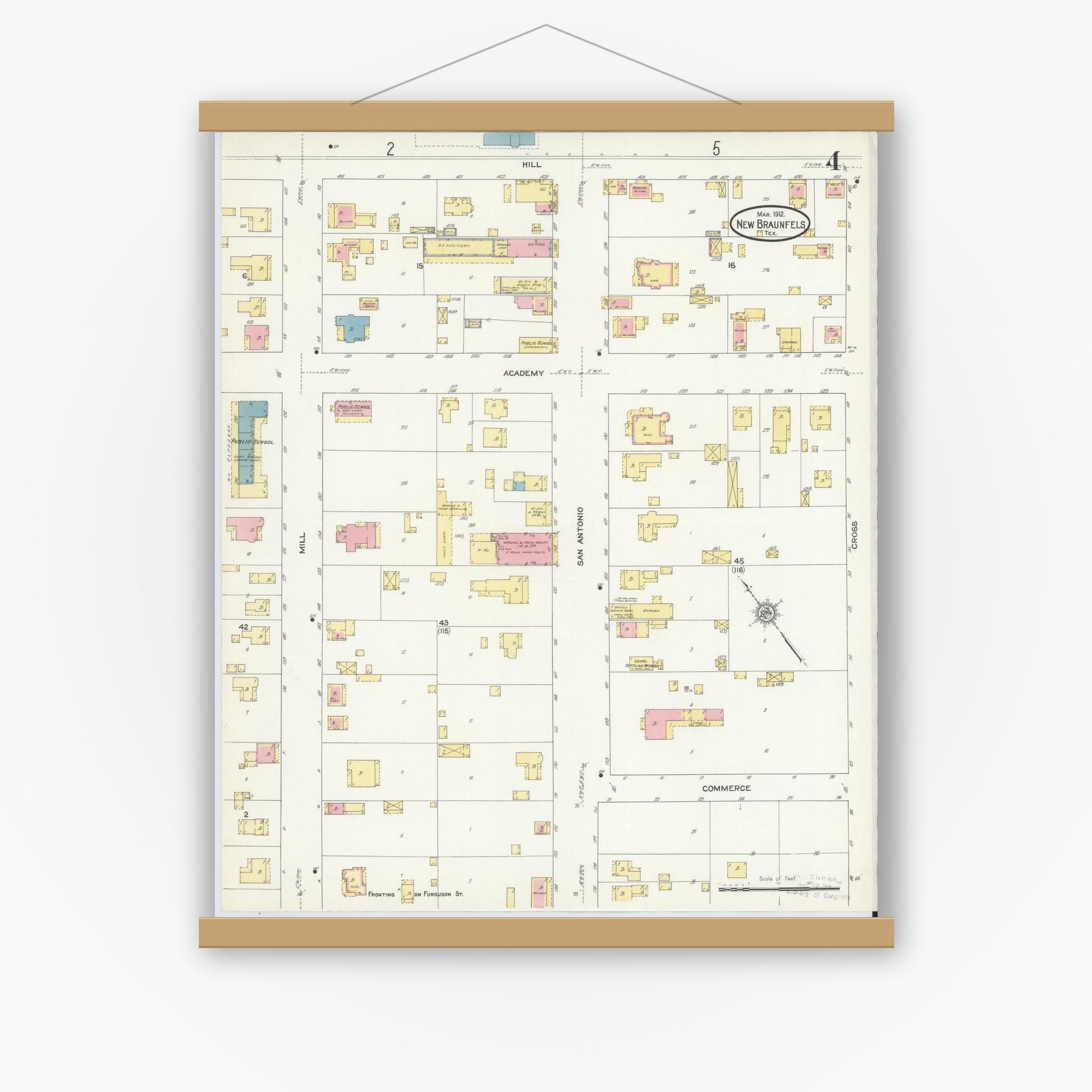 Old map wall art mockup — magnetic wood frame on white wall — Sanborn Fire Insurance Map from New Braunfels, Comal County, Texas (1912), Sheet #0004