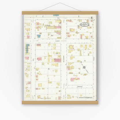 Old map wall art mockup — magnetic wood frame on white wall — Sanborn Fire Insurance Map from New Braunfels, Comal County, Texas (1912), Sheet #0004