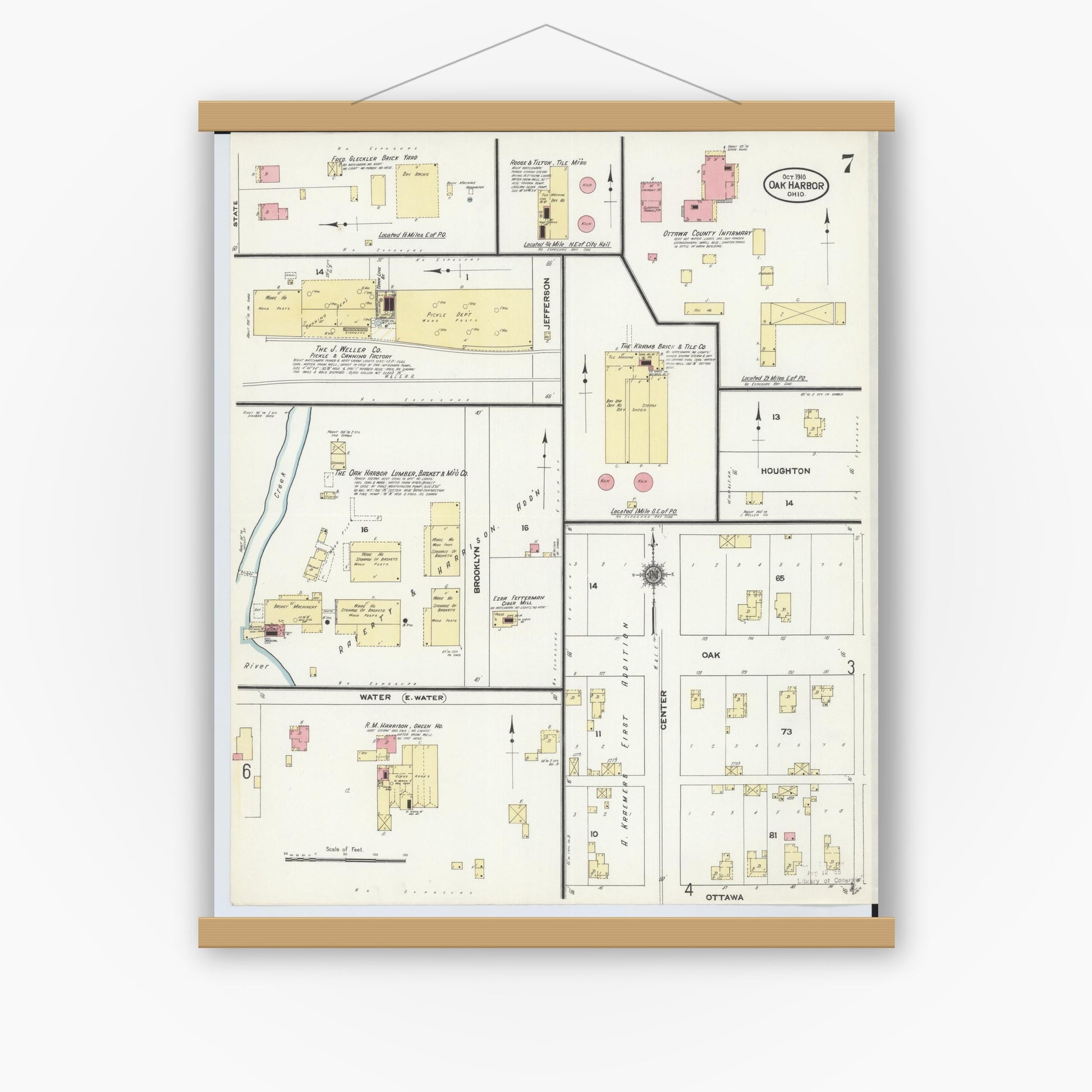 Old map wall art mockup — magnetic wood frame on white wall — Sanborn Fire Insurance Map from Oak Harbor, Ottawa County, Ohio (1910), Sheet #0007