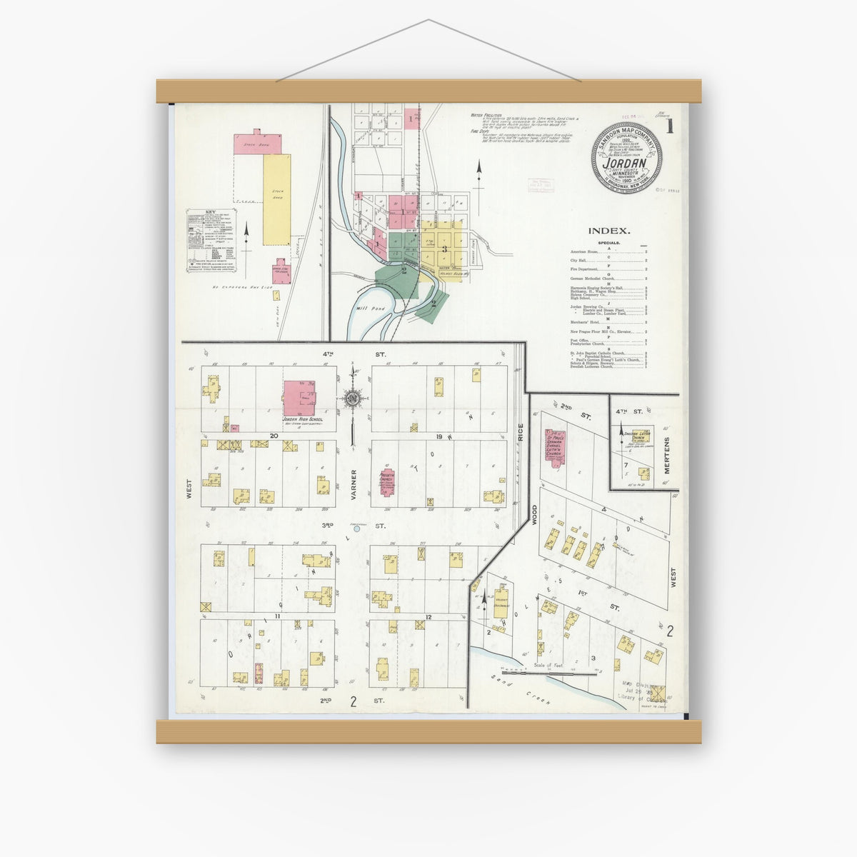 Old map wall art mockup — magnetic wood frame on white wall — Sanborn Fire Insurance Map from Jordan, Scott County, Minnesota (1910) - Complete Map Set