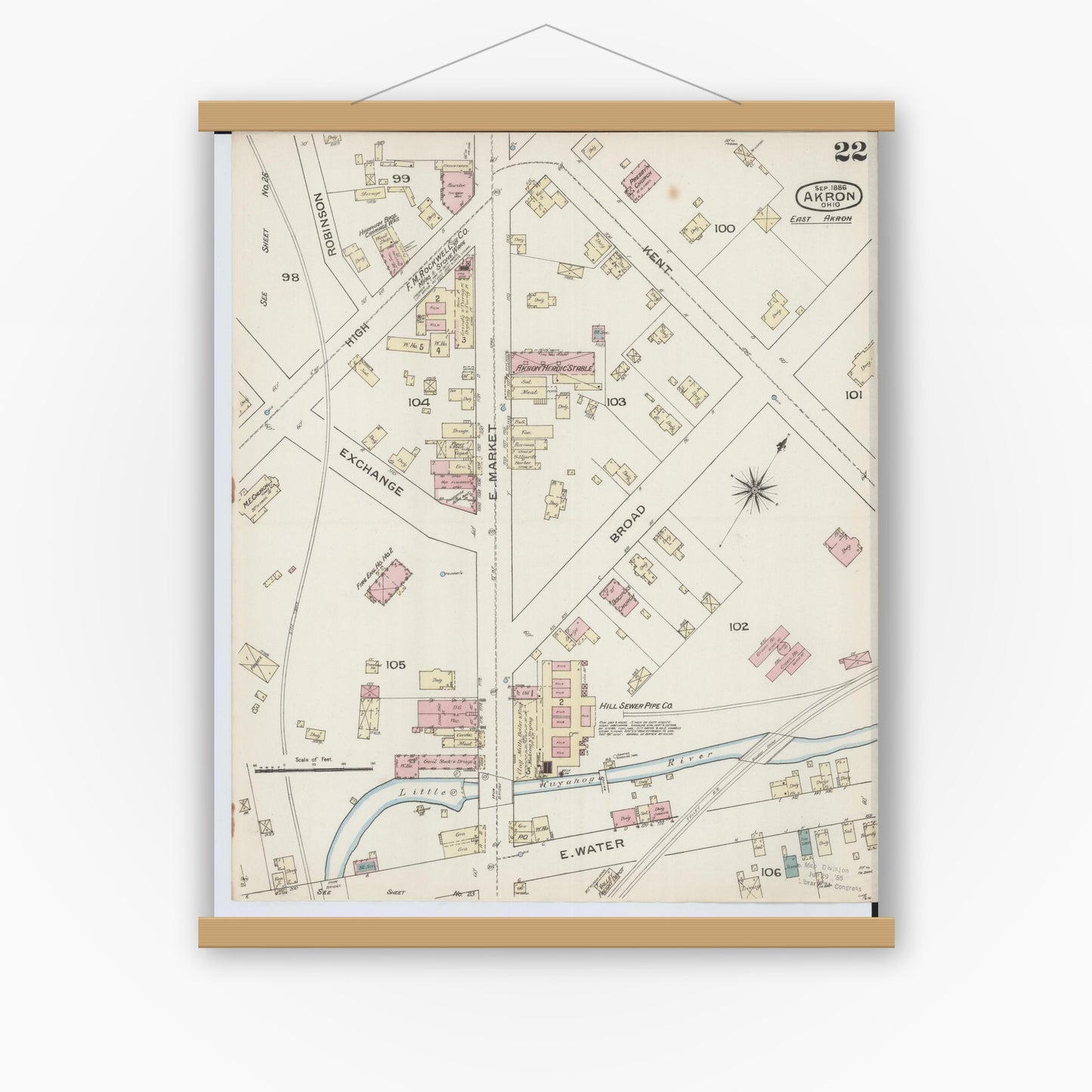 Old map wall art mockup — magnetic wood frame on white wall — Sanborn Fire Insurance Map from Akron, Summit County, Ohio (1886), Sheet #0022