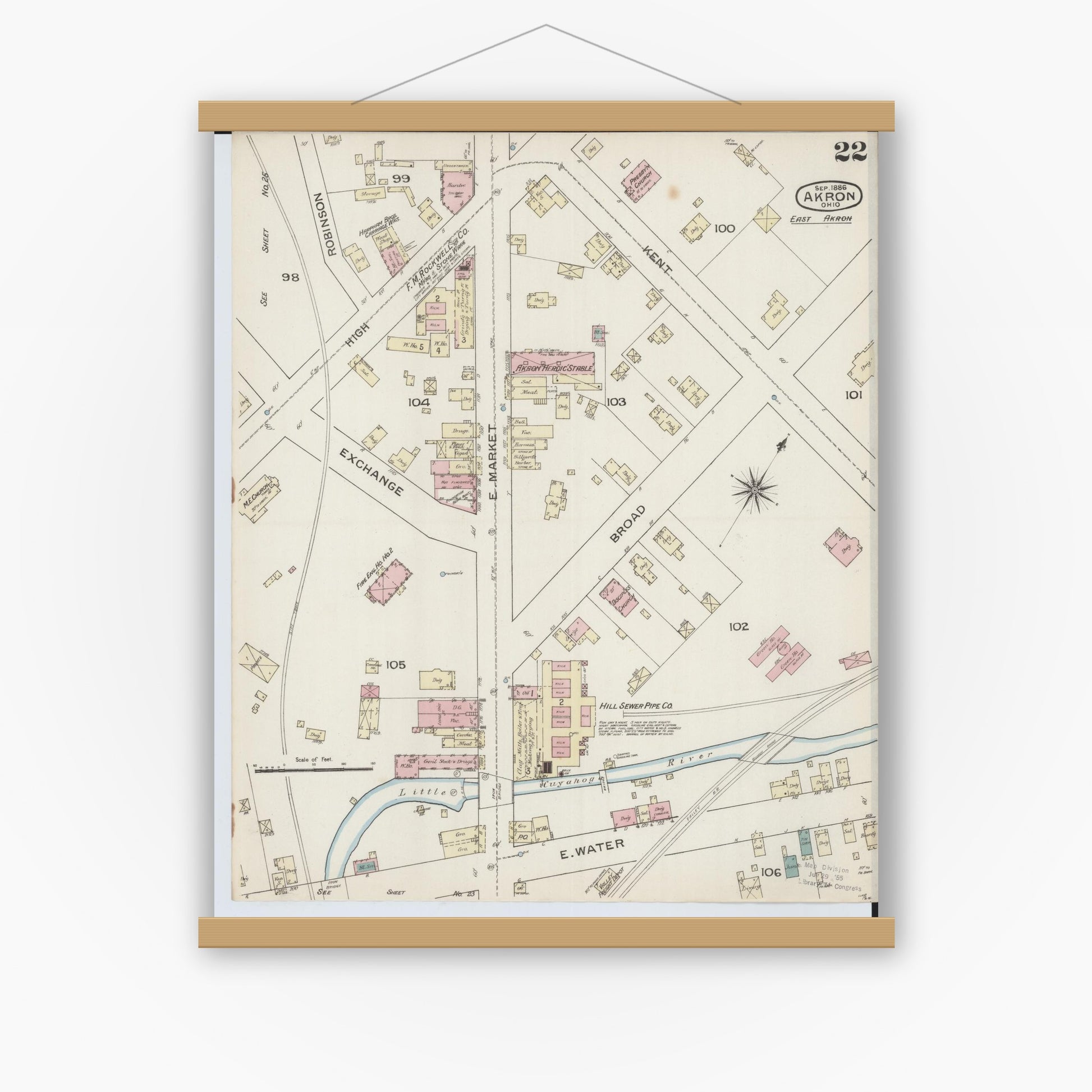 Old map wall art mockup — magnetic wood frame on white wall — Sanborn Fire Insurance Map from Akron, Summit County, Ohio (1886), Sheet #0022