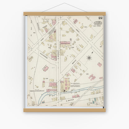 Old map wall art mockup — magnetic wood frame on white wall — Sanborn Fire Insurance Map from Akron, Summit County, Ohio (1886), Sheet #0022