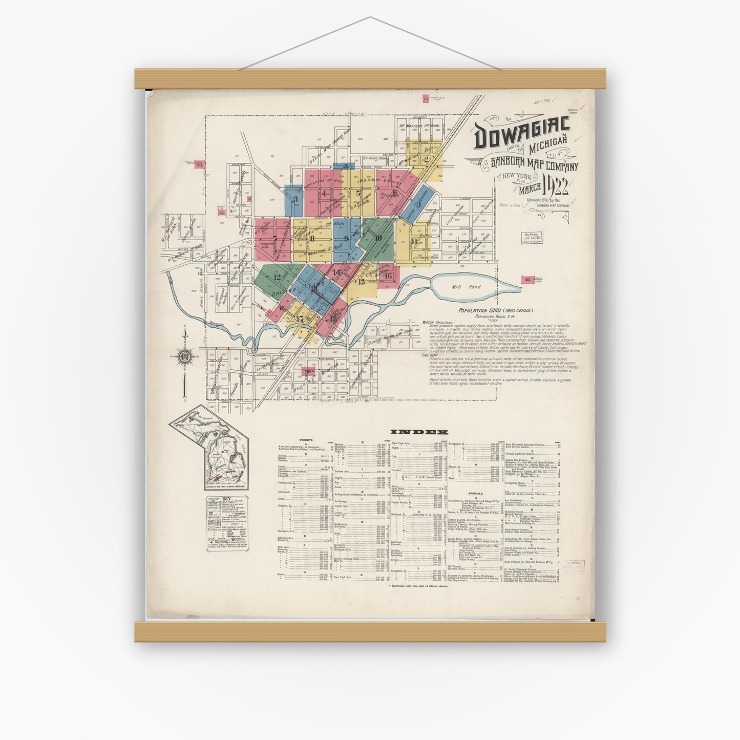 Old map wall art mockup — magnetic wood frame on white wall — Sanborn Fire Insurance Map from Dowagiac, Cass County, Michigan (1922) - Complete Map Set