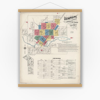 Old map wall art mockup — magnetic wood frame on white wall — Sanborn Fire Insurance Map from Dowagiac, Cass County, Michigan (1922) - Complete Map Set