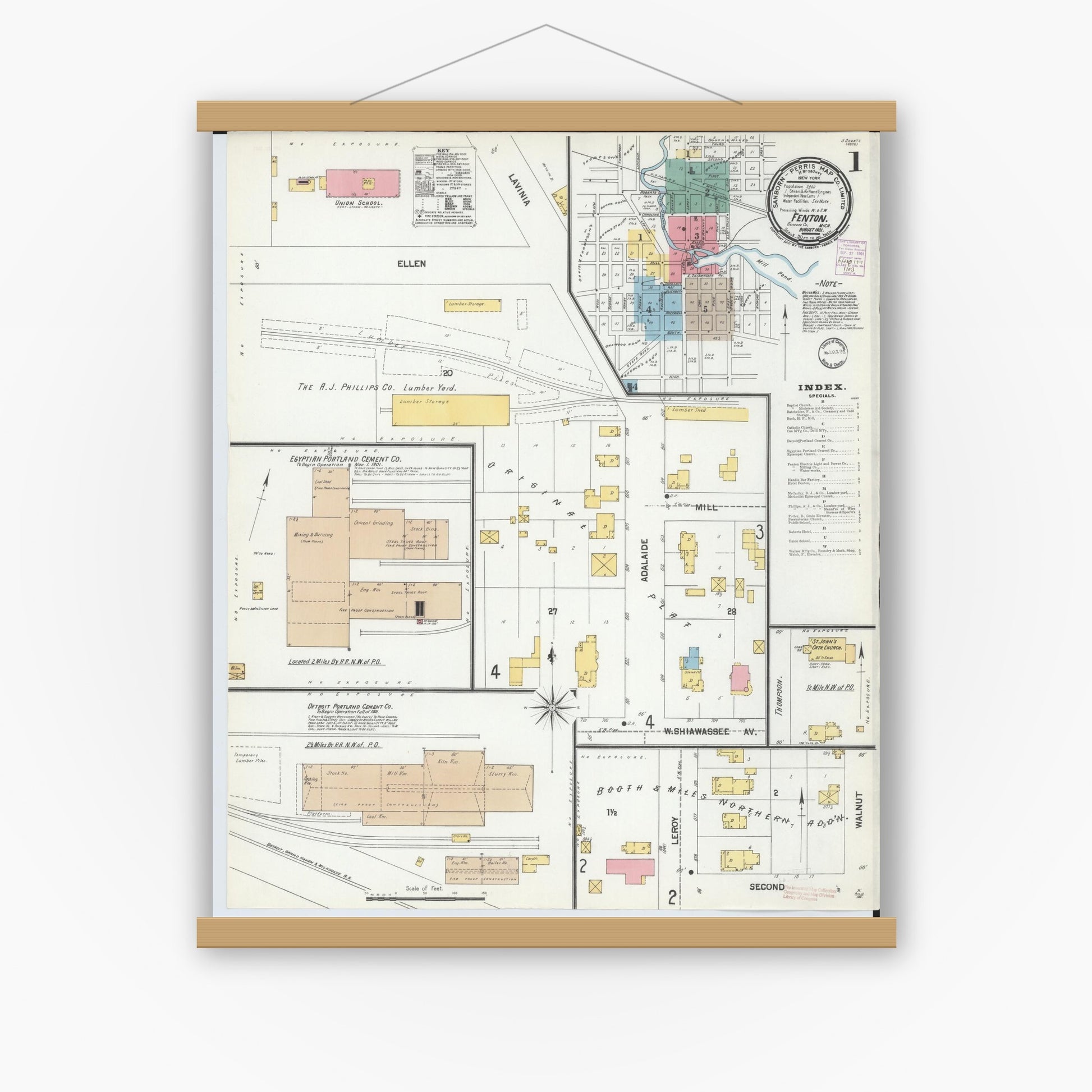 Old map wall art mockup — magnetic wood frame on white wall — Sanborn Fire Insurance Map from Fenton, Genesee County, Michigan (1901), Sheet #0001
