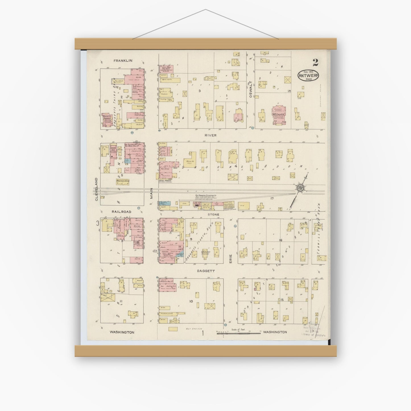 Old map wall art mockup — magnetic wood frame on white wall — Sanborn Fire Insurance Map from Antwerp, Paulding County, Ohio (1915), Sheet #0002