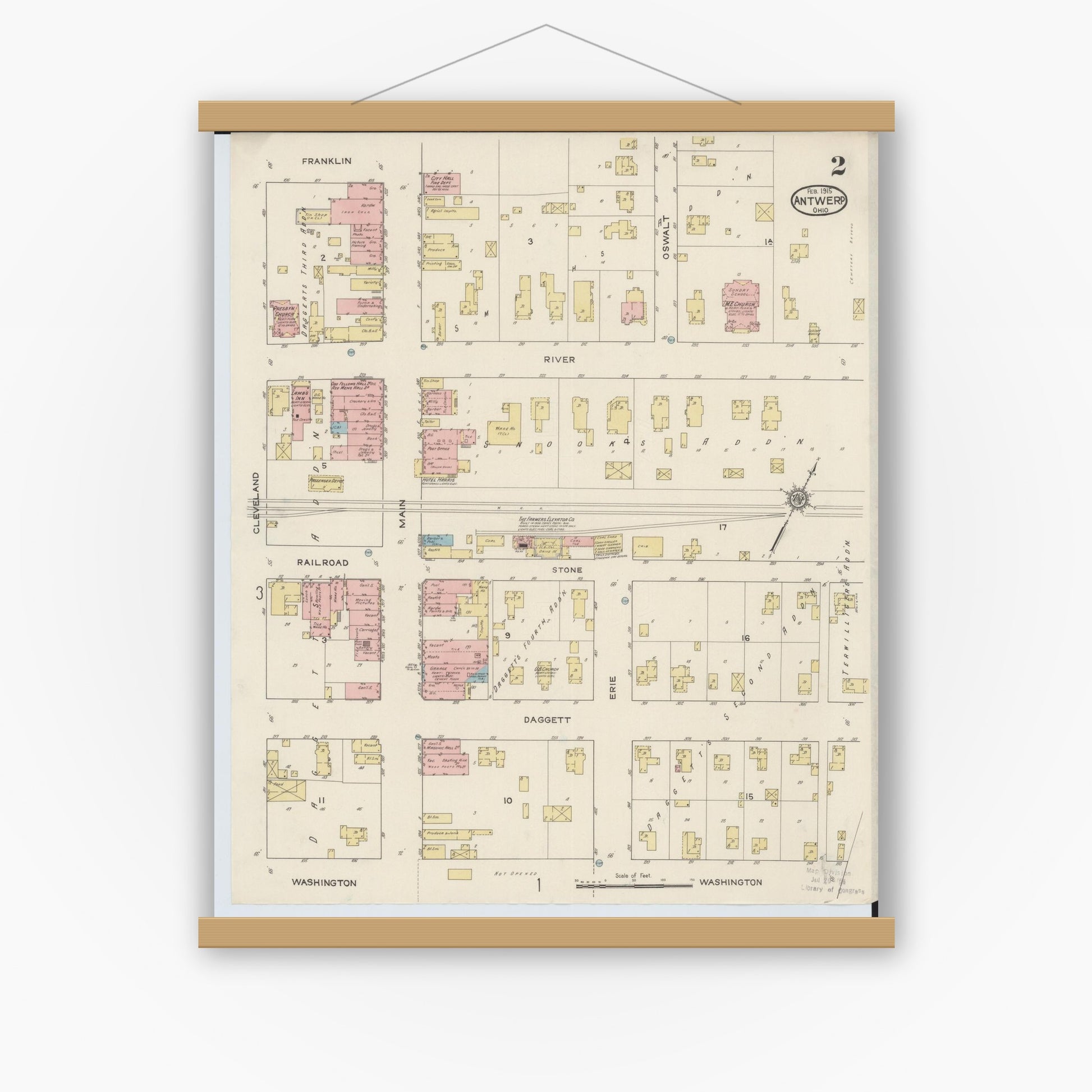 Old map wall art mockup — magnetic wood frame on white wall — Sanborn Fire Insurance Map from Antwerp, Paulding County, Ohio (1915), Sheet #0002