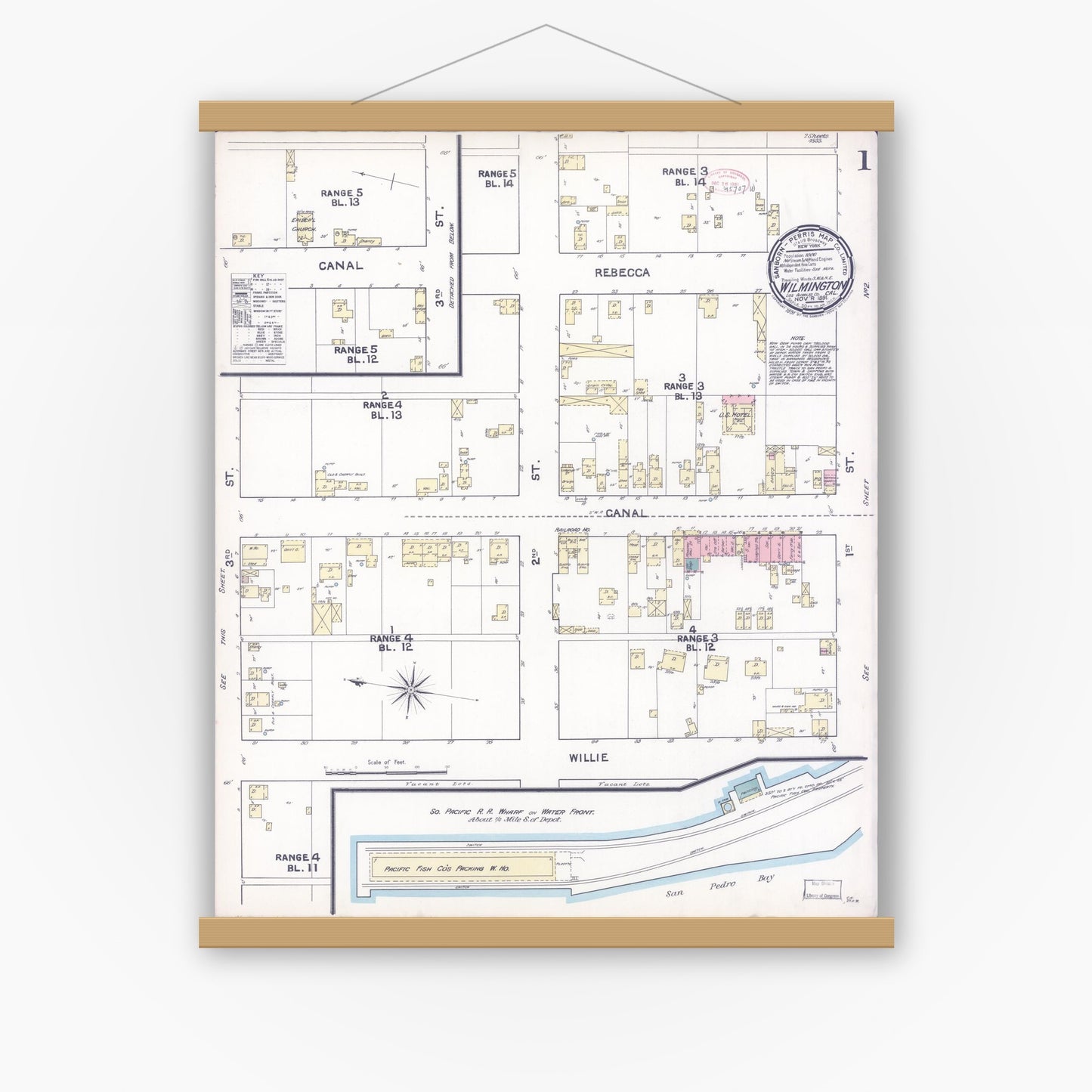 Old map wall art mockup — magnetic wood frame on white wall — Sanborn Fire Insurance Map from Wilmington, Los Angeles County, California (1891) - Complete Map Set