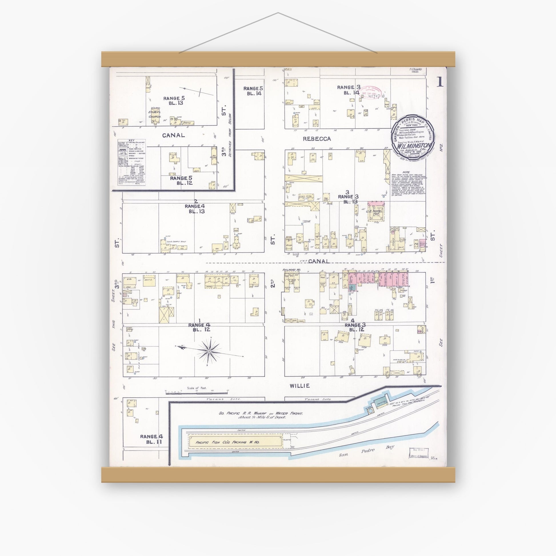 Old map wall art mockup — magnetic wood frame on white wall — Sanborn Fire Insurance Map from Wilmington, Los Angeles County, California (1891) - Complete Map Set