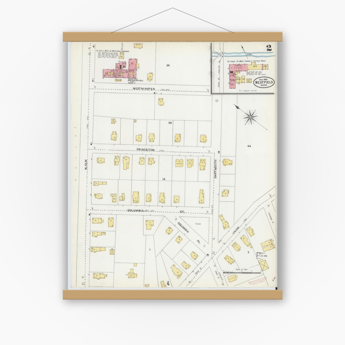 Old map wall art mockup — magnetic wood frame on white wall — Sanborn Fire Insurance Map from Westfield, Hampden County, Massachusetts (1905), Sheet #0002