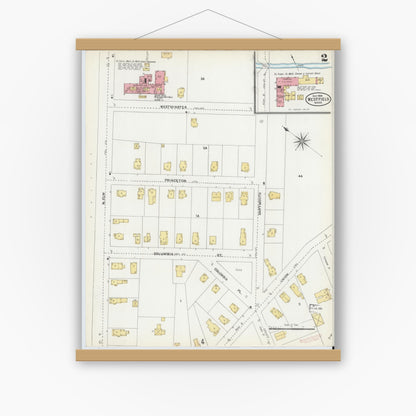 Old map wall art mockup — magnetic wood frame on white wall — Sanborn Fire Insurance Map from Westfield, Hampden County, Massachusetts (1905), Sheet #0002