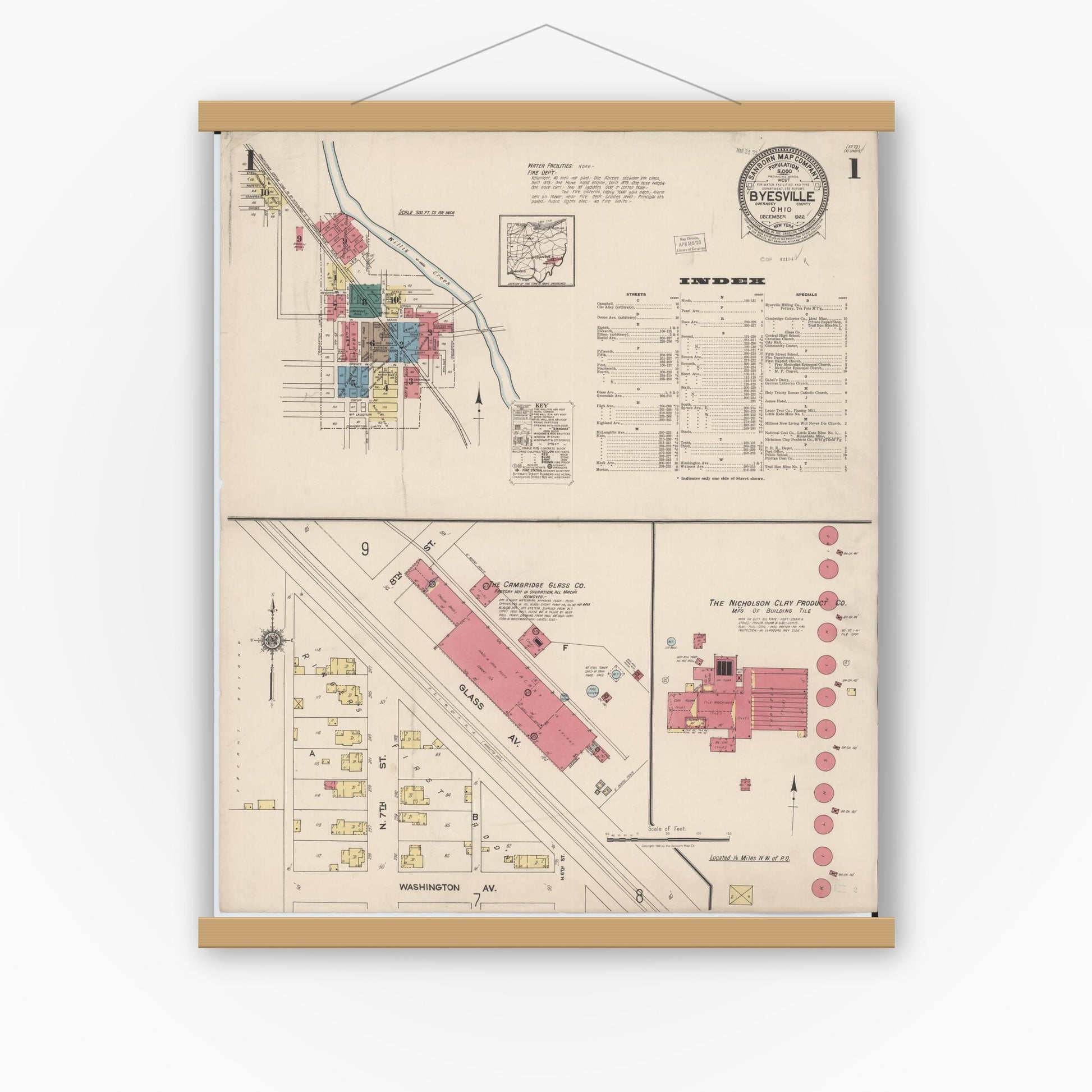 Old map wall art mockup — magnetic wood frame on white wall — Sanborn Fire Insurance Map from Byesville, Guernsey County, Ohio (1922), Sheet #0001