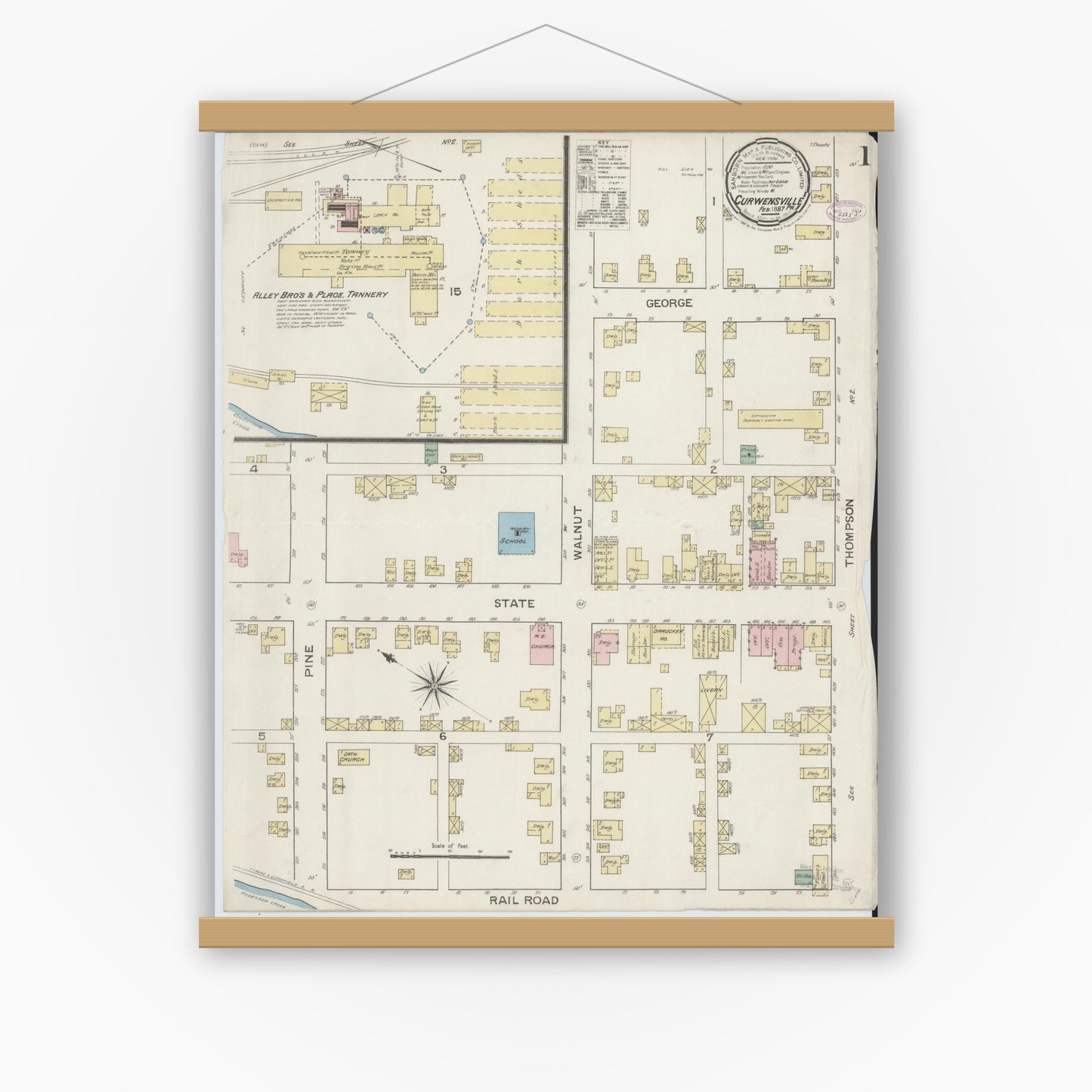 Old map wall art mockup — magnetic wood frame on white wall — Sanborn Fire Insurance Map from Curwensville, Clearfield County, Pennsylvania (1887) - Complete Map Set